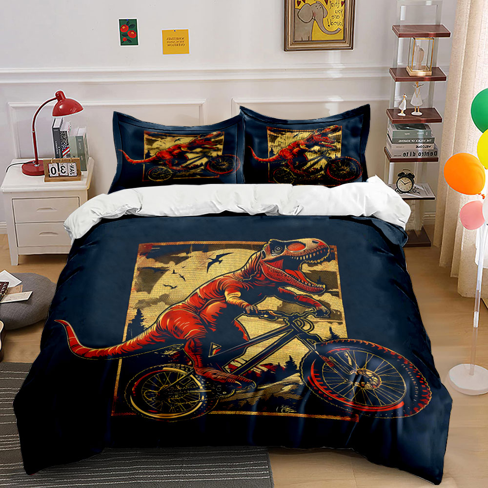 Mountain Biking Cartoon - 3-delige T-Rex op een mountainbike duvet